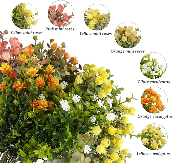 ilauke 7 Bundle Artificial Flowers Outdoor, UV Resistant Fake Flowers in Multicolor, Realistic Faux Flower Roses for Garden Porch Decoration, All Season Fake Plants Bouquet