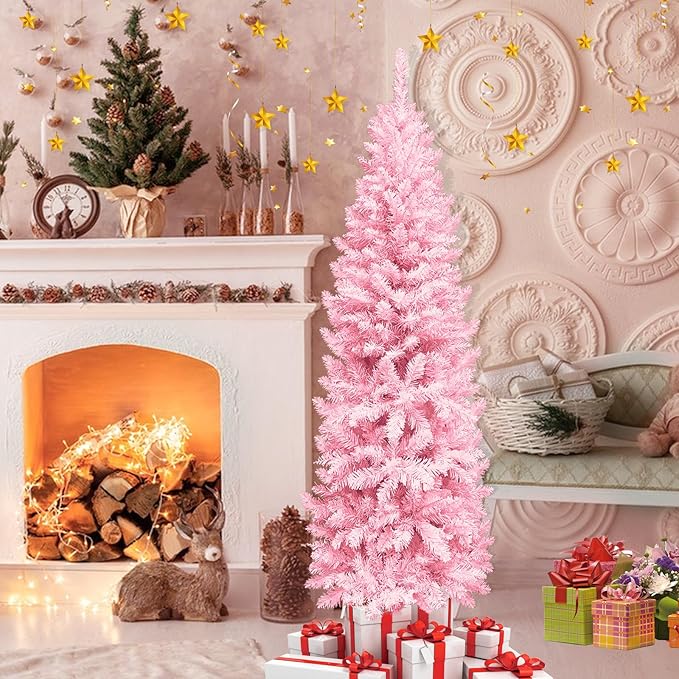 5 Ft Prelit Pink Artificial Pencil Christmas Tree Decoration 180 Warm White Lights 550 Branch Tips Metal Stand Slim Tree Xmas Decor Indoor Outdoor Home Holiday