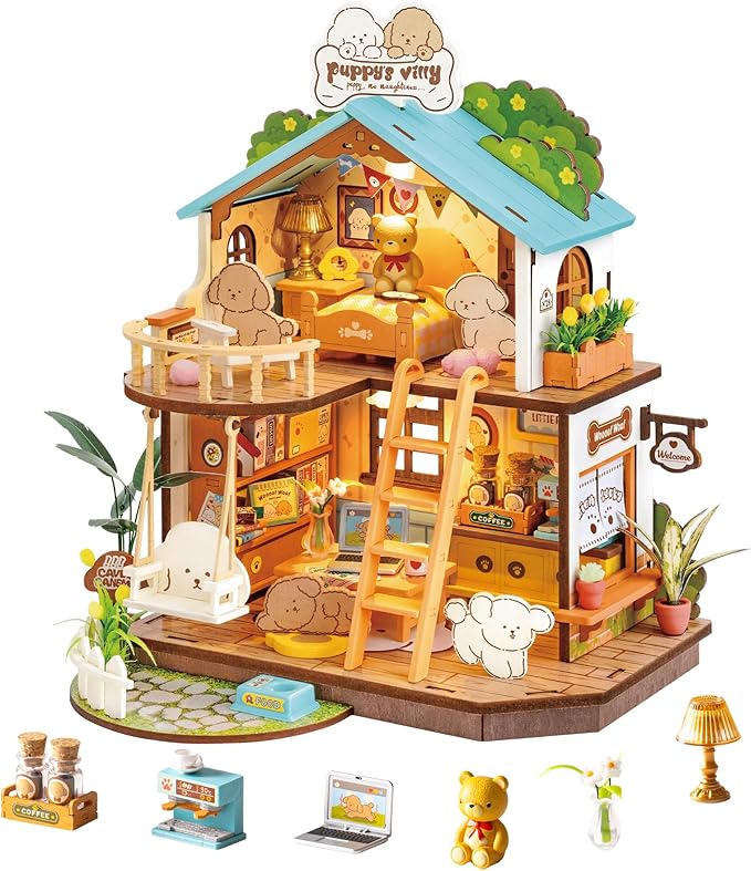 ROBOTIME DIY Miniature House Kit, Mini Wooden Dollhouse Diorama Model, Tiny House Building Kits,Birthday Christmas Craft Hobbies Gift for Teens Kids and Friends（Puppy's Cozy Villa）