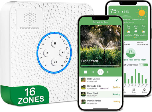 ImoLaza 16-Zone Indoor Smart WiFi Sprinkler System Controller, Easy Install Irrigation Timer for Lawn & Garden, Water-Saving Automatic Sprinkler Timer/Controller with Mobile App, Compatible with Alexa