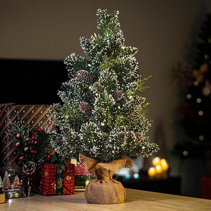 deeinglif 2ft Mini Christmas Trees 24" with LED Lights and Pine,Tabletop Branches Cones and Cloth Bag Base Home Party Dining Room Window Decoration for Christmas