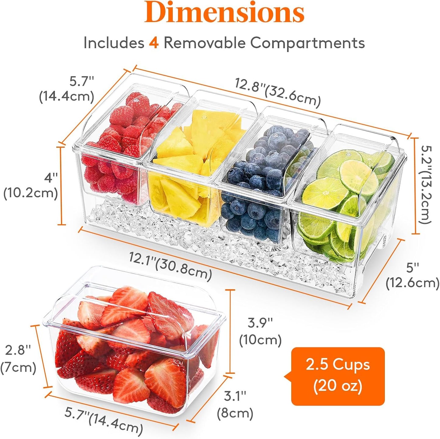 Lifewit 2 Pack Ice Chilled Condiment Caddy with 4 Containers(2.5 cup), Condiment Server with Separate Lids, Serving Tray Platter for Bar Accessories, Fruit, Salad, Taco, Party Garnish