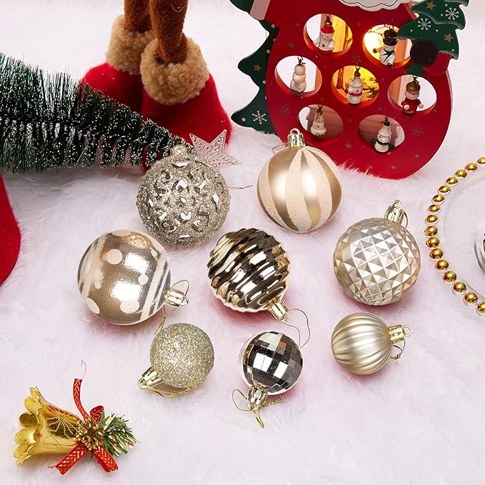 100PCS Christmas Ball Ornaments, Assorted Shatterproof Christmas Tree Decorations, Seasonal Decorative Hanging Baubles Decor Set for Xmas/Holiday/Party, Glitter&Painting Ornament Set (Champagne)