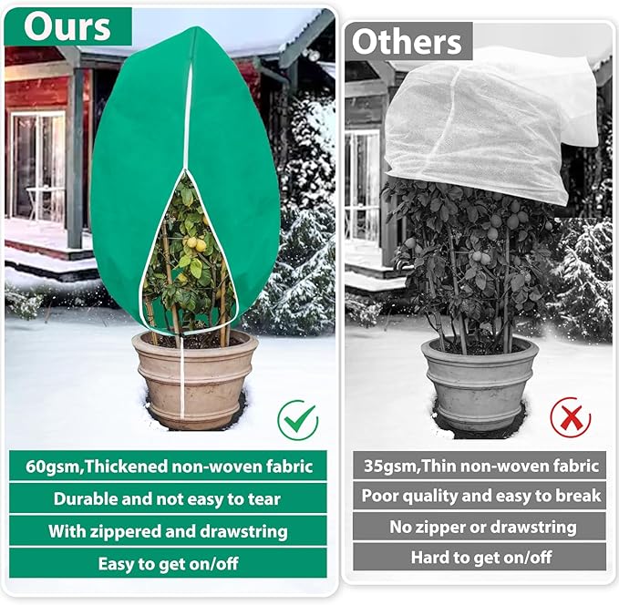 2 Pack Plant Covers Freeze Protection for Winter, 2.2oz/yd² Frost Blankets Cloths With Zipper/Drawstring (84" X 72"), Large Plant Frost Protection Covers Outdoor, for Shrub Bush Fruit Tree Potte