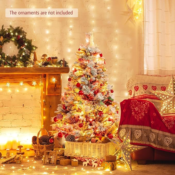 HAPPYGRILL 4.5 FT Pre-lit Artificial Christmas Tree, Snow-Flocked Xmas Tree with 160 Multi-Color LED Lights, 8 Lighting Modes, 472 Branch Tips, Pine Needles, Hinged Tree for Home Office Party