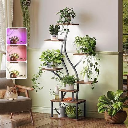 PRAISUN 51.3 Inch Plant Stand with Grow Light, 6 Tiered Indoor Plant Shelf with Larger Flower Holder, Pine-Shaped Stand, 3 Light Modes, Open Base, Corner Plant Rack for Living Room, Rustic Brown
