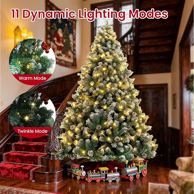 6ft Lighted Green Christmas Tree with Pine Cones, Snow Flocked Branches, and 300 Warm White LED Lights, Lush Realistic Artificial Xmas Tree with Sturdy Metal Stand for Indoor Holidays