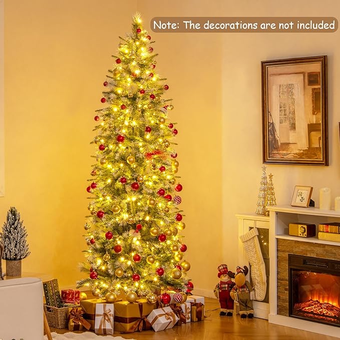 GOFLAME 7.5 FT Pre-Lit Pencil Christmas Tree Snow Flocked, Slim Artificial Xmas Tree with 820 Branch Tips, 350 Warm White LED Lights, Holiday Decoration Tree for Home Party Office