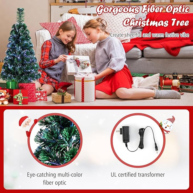 HAPPYGRILL 3FT Fiber Optic Christmas Tree Pre-Lit Artificial Christmas Tree with 85 PVC Tips, Green Xmas Tree with LED Lights for Indoor Outdoor Festival