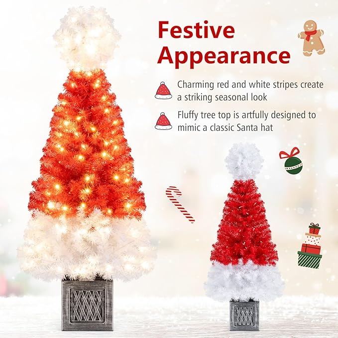 GOFLAME 4FT Pre-Lit Artificial Christmas Entrance Tree, Potted Candy Cane Xmas Tree with 300 Branch Tips, 100 Warm LED Lights, Urn Base, Indoor Outdoor Holiday Decoration Tree for Home Party