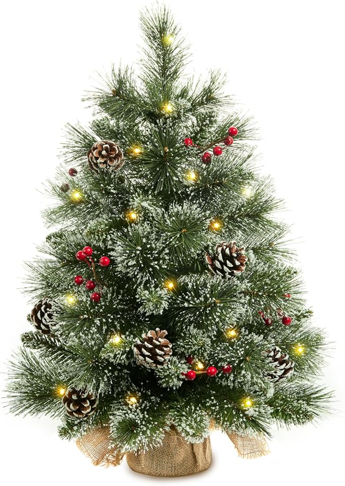 24" Mini Christmas Trees with Flocked Pine Needles, Pine Cones, Berries Decoration, 2 Ft Decorated Burlap Trees with 25 Led Lights, Kitchen Tabletop Artificial Pre Lit Christmas Tree
