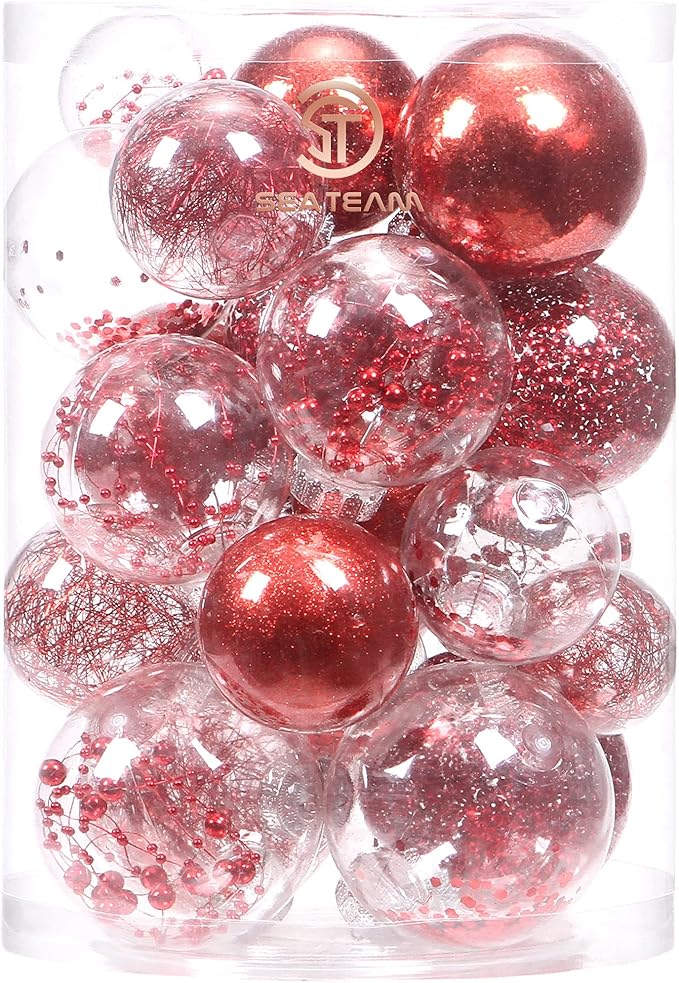 Sea Team Multi-Size Shatterproof Clear Plastic Christmas Tree Ball Ornaments Set, Decorative Hanging Transparent Xmas Baubles with Stuffed Delicate Decorations (25 Counts, Red)
