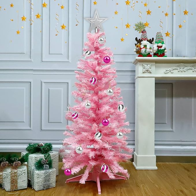 4 Ft Pink Christmas Tree with Timer Remote Control 8 Mode 100 Warm White Light 18 DIY Ball Ornaments 3D Star Battery Operated Small Xmas Tree Table Indoor Holiday Decor