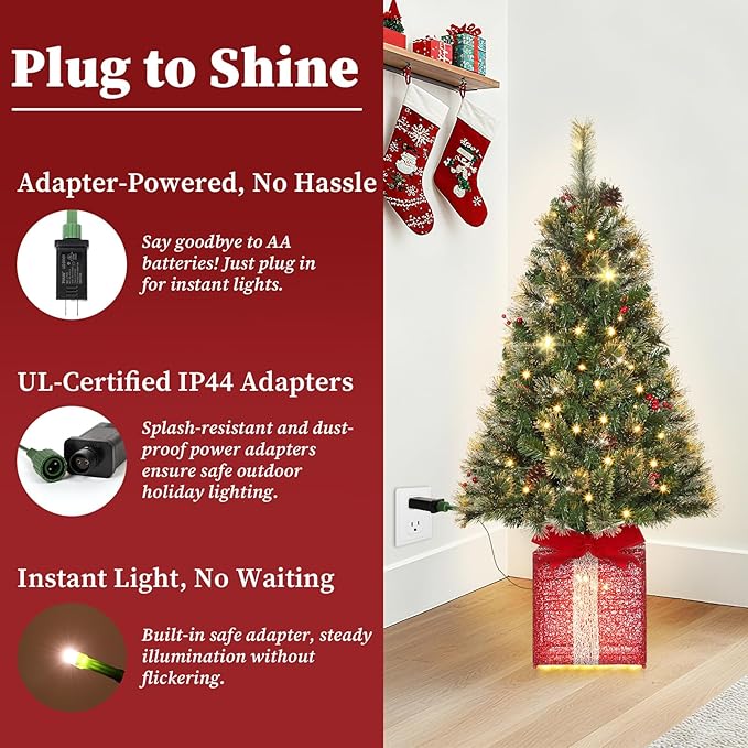 Brightever 4FT Christmas Tree with Warm White LED Lights, Pre-lit Artificial Christmas Trees for Outdoor Indoor Decorations, Unique Gift Box Base, Plug in Outdoor Xmas Tree for Porch, Tabletop, Green
