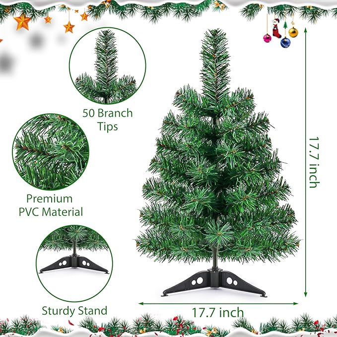 17.7Inch Artificial Christmas Tree Green Tabletop Christmas Tree with Plastic Stand Mini Xmas Pine Tree for Indoor Outdoor Holiday Home Decoration