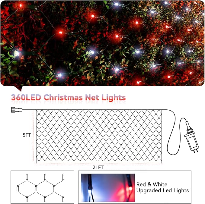 LitHome 21FT x 5FT Christmas Net Lights Outdoor, 360 LED Red White Bush Lights with 8 Modes, Connectable Waterproof Net Mesh Light Dark Green Wire for Bushes Shrubs Outdoor Christmas Holiday Decor