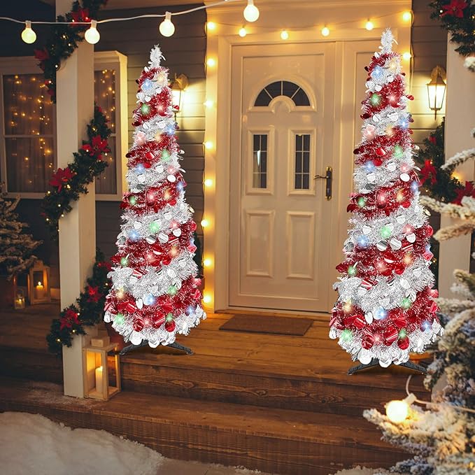 5 FT Pencil Christmas Tree, Collapsible Artificial Sequin Pop Up Christmas Tree, Skinny Pencil Tinsel Christmas Trees, Xmas Tree for Home Apartment Basement Fireplace (Red Silver)