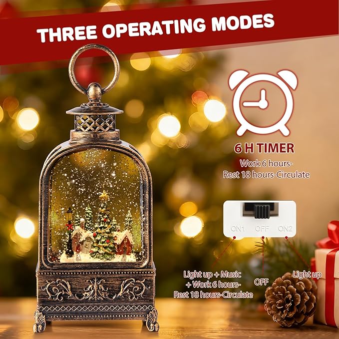 Village Snow Globe Christmas, Musical Snow Globe Lantern Lights with 6H Timer Battery & USB Powered, Retro Style Holiday Glitter Snow Globes for Xmas Home Decoration Indoor Holiday Party Gifts