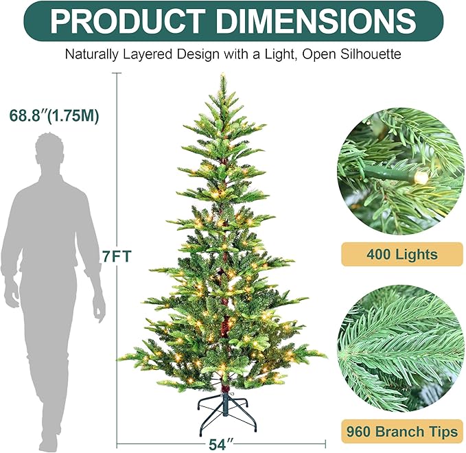 7FT Prelit Artificial Christmas Tree, Premium Douglas Fir Christmas Tree with 400 Warm White Lights & 960 Branch Tips, PE & PVC Pre Lit Hinged Xmas Trees with Metal Base for Party, Holiday Decoration
