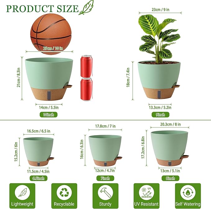 Self Watering Pots for Inoor Ourdoor Plants 10/9/8/7/6.5 Inch Plastic Planters with Drainage Holes & Water Level Indicator, Decorative House Flower Nursery Planting Pots with Saucers (Green)