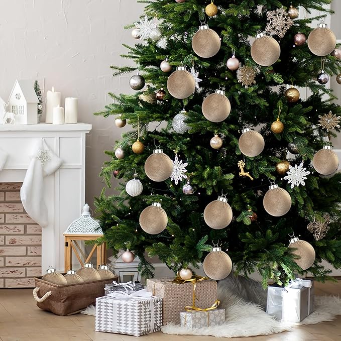 Brown Velvet Christmas Ornaments for Tree 15 PCS, Big Neutral Flocked Christmas Balls Ornaments Set 3.15 Inch, Shatterproof Earth Tone Xmas Hanging Decor for Holiday (Light Brown)