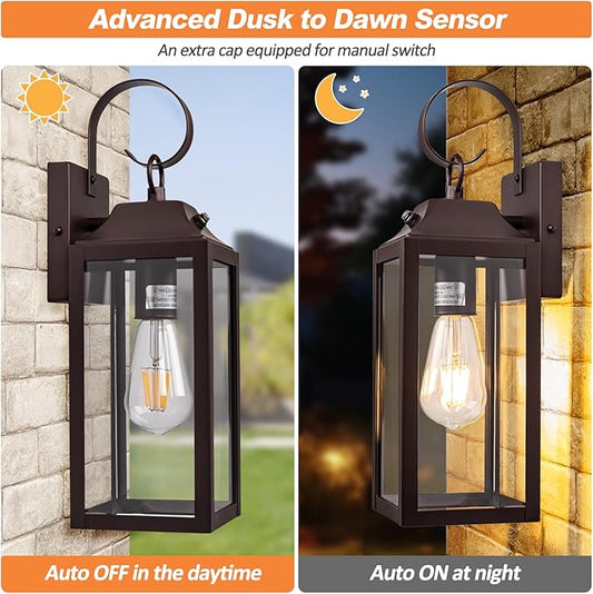 Dusk to Dawn Wall Lights 2 Pack, Oil Rubbed Bronze Outdoor Light Fixtures Wall Mount, 15 Inch Exterior Wall Sconces Waterproof, Large Outside Lights for House, Modern Wall Lanterns Brown