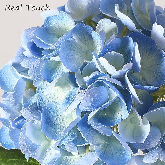 Nubry 22.44In Hydrangea Artificial Flowers, 4Pcs Latex Faux Real Touch Large Hydrangea Flowers with Long Stems & Leaves for Home Office Decor Wedding Party Arrangements(White&Blue)