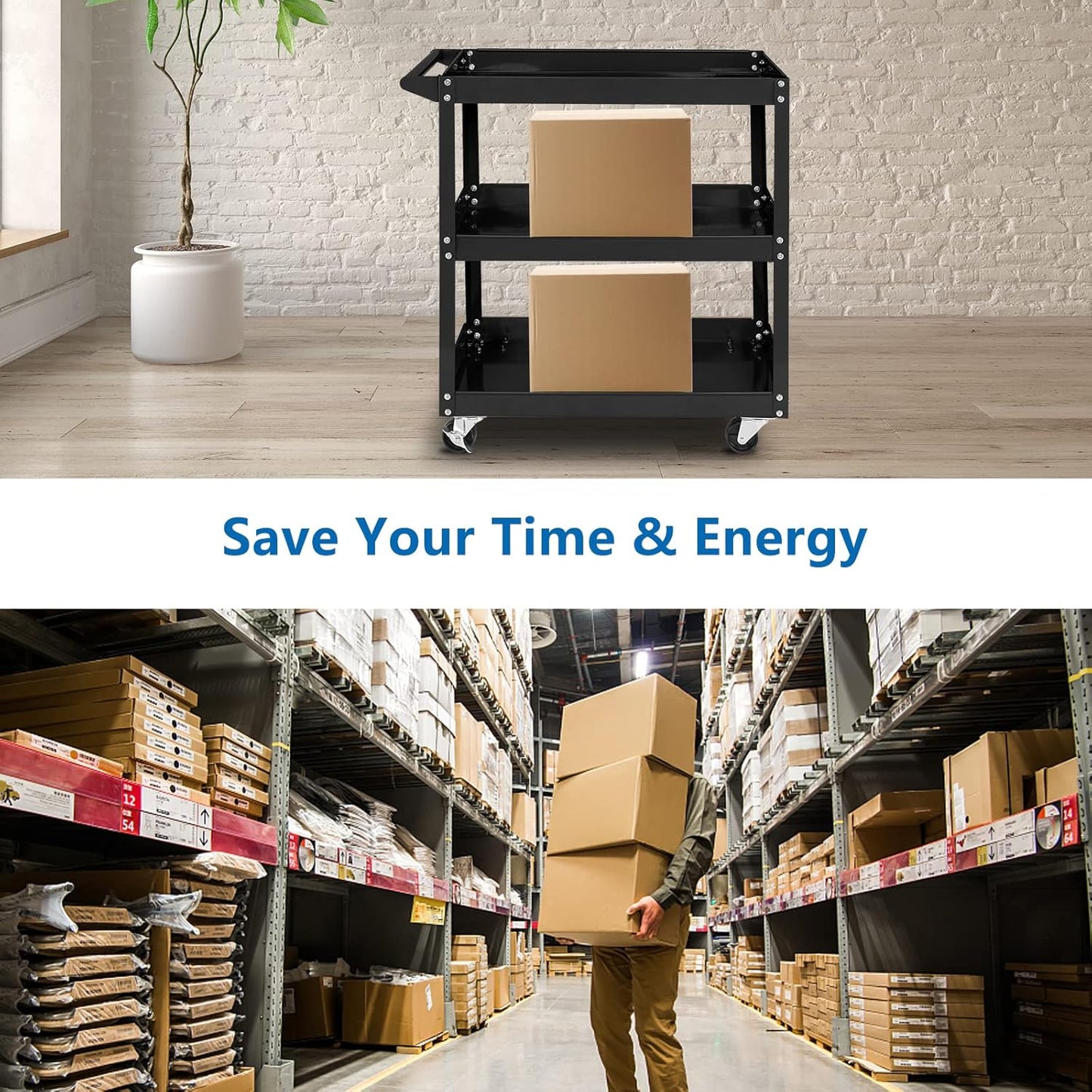 TUFFIOM 3 Tier Rolling Tool Cart, 330 Lbs Capacity, with Ergonomic Handle, Black