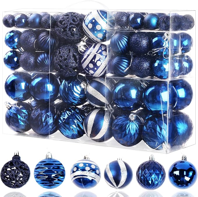 100PCS Christmas Ball Ornaments, Assorted Shatterproof Christmas Tree Decorations, Seasonal Decorative Hanging Baubles Decor Set for Xmas/Holiday/Party, Glitter&Painting Ornament Set (Navy Silver)