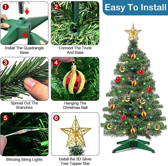 [ Timer & 12 Modes ] 3 Ft Green PVC Christmas Tree with 50 Multi Color Lights DIY 15 Ball Ornaments 3D Star Small Artificial Xmas Tree for Indoor Holiday Party Decorations
