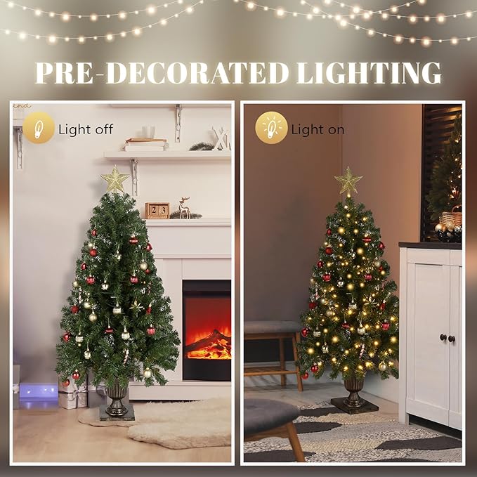 VINGLI 4ft Prelit Artificial Christmas Tree with 120 Warm White Lights, 211 Branches Tips, Xmas Entrance Tree Holiday Party Decorations