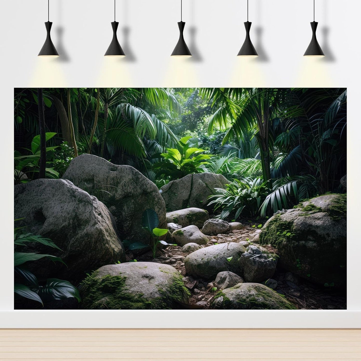 Reptile Habitat Backdrop Lush Tropical Plants and Rocks Terrarium Backdrop Dense Vegetation with Large Broad Leaves and Ferns Fish Tank Background Aquarium Wallpaper Poster Decor Vinyl 48x24in