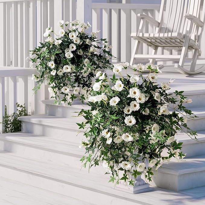 Artificial Flowers Artificial Petunias for Outdoors 2PCS Artificial Hanging Plants Outdoors Silk Flowers with Stems Outdoor Flowers Uv Resistant for Porch DecorTerrace Decor（White）Without Pot