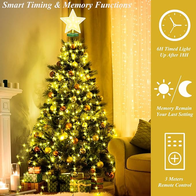 aneeway Christmas Tree Lights with Star Toppers, 410 LED Christmas Lights with 8 Modes & Memory Function, 6.6FT x 16 String Lights with Remote Control & Timing for Xmas Ornaments - Warm White