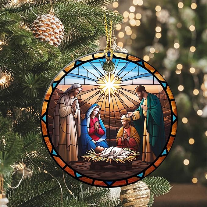 Nativity Night Ornaments Round Ceramic Stained Glass Style Birth of Jesus Christ Ornament Christmas Keepsake Decor for Christmas Tree Winter for Women Men Xmas Hanging Ornament 3"