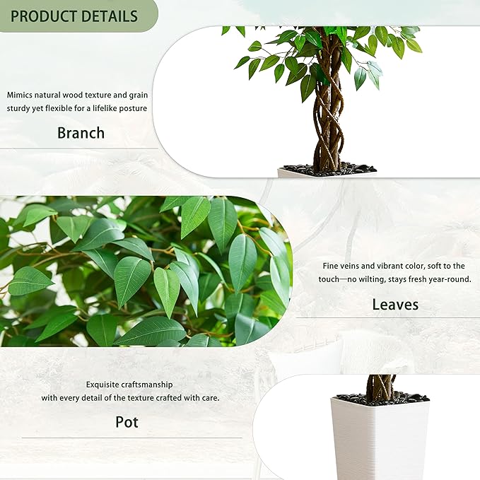 Artificial Ficus Tree 7FT Faux Plants Indoor Tall Fake Plants with White Tall Planter, Green Lifelike Lush Fake Ficus Tree for Home Living Room Bedroom Outdoor Balcony House Office Decor