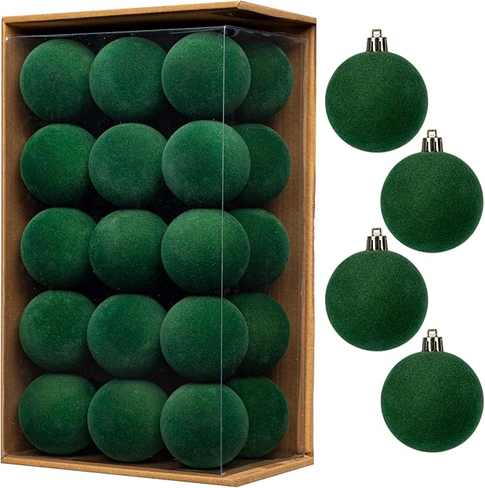 30PCS Velvet Christmas Ball Ornaments Set, 2.36" Shatterproof Baubles for Christmas Tree Decorations, Hanging Baubles with Soft Velvet Finish for Thanksgiving Holiday Party Décor, Dark Green