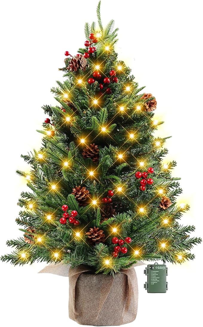 24 Inch Mini Christmas Tree, Table Top Artificial Xmas Pine Trees with 100 5-Pronged PE Branches, DIY Artificial Christmas Tree with 60 LED String Lights, Pine Cones and Red Berries Decoration