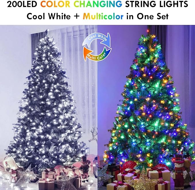 Cool White to Multicolor Color Changing 100 LED 33FT Connectable Christmas String Lights for Outdoor Indoor, 11 Modes Christmas Tree Clear Wire Fairy Waterproof Lights with Memory & Remote & Timer