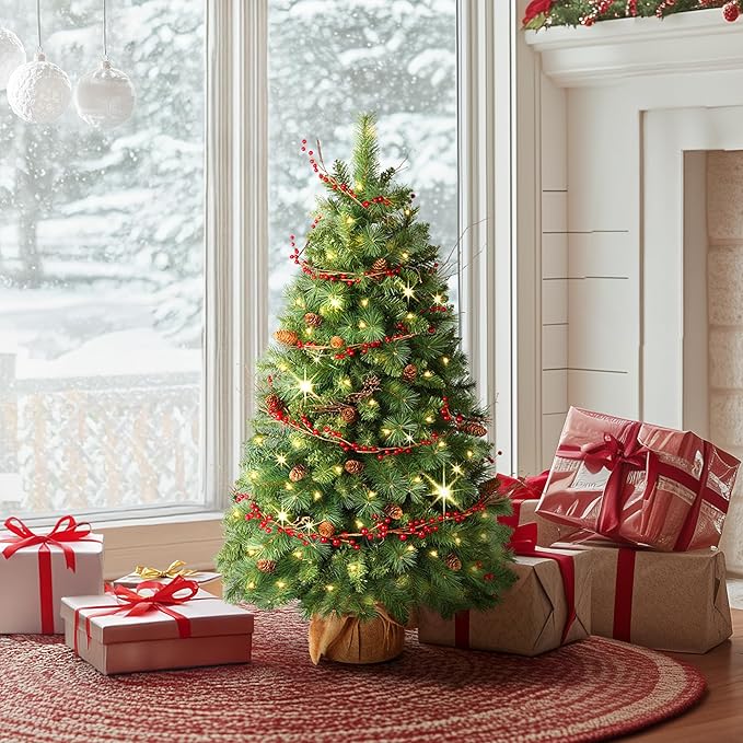 Christmas Tree, 4FT Tabletop Christmas Tree with Cloth Bag Base and LED Light, Pre-Lit Small Artificial Tree with Pine Cones & Red Berries, Christmas Decorative for Outdoor Indoor Porch