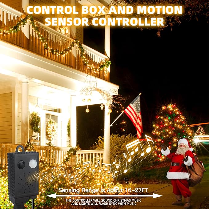 Music Motion Sensor Christmas String Lights 105ft 300 LED, Warm White Christmas Tree Light，End to End Plug In 6 Modes Christmas Lights, Waterproof for Indoor Outdoor Tree Party Yard Room Decor