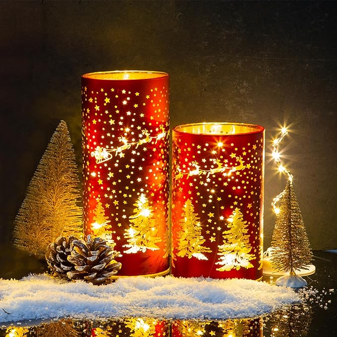 Christmas Decorations Indoor,Mercury Glass Lights with Timer,Battery Powered Fairy Light,LED Latern with Christmas Tree Deer Carvings, Lamps for Table Decor Home Centerpiece (Red)