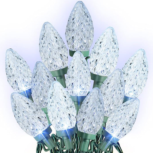 Dazzle Bright White C9 Christmas Lights Outdoor, 50 LED 33ft Waterproof Green Wire String Lights, Indoor Outdoor Fairy Lights for Christmas Tree, Xmas Yard, Party, Wedding House Decorations