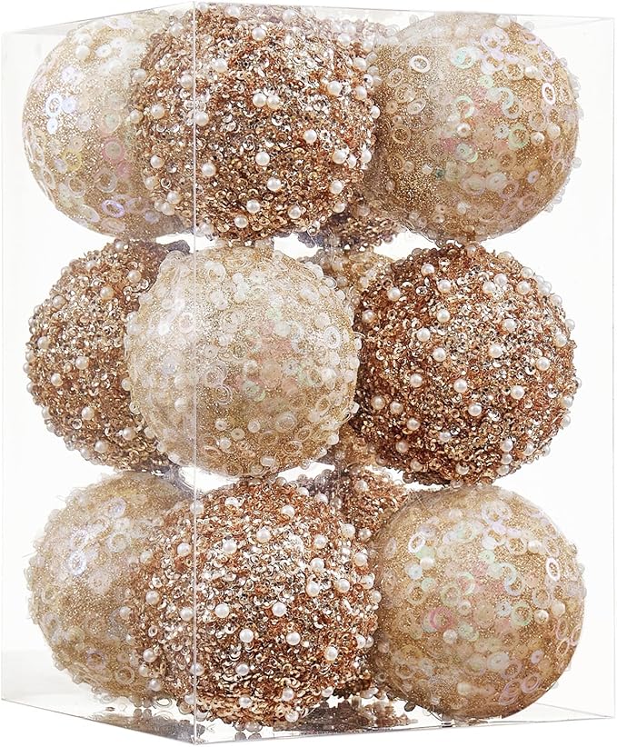 12CT Christmas Ball Ornaments, Champagne Christmas Ball Decorations Shatterproof Plastic Hanging Pearl Balls for Holiday Party(70mm/2.76")