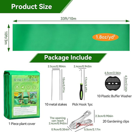 Plant Covers Freeze Protection kit，1.8 oz/yd²-10 ft x 33 ft Thickened Floating Row Cover for Outdoor Plants With 20 clips and 10 stakes staples& gasket & 1 Pick Hook, Winter Frost Protection(Green)