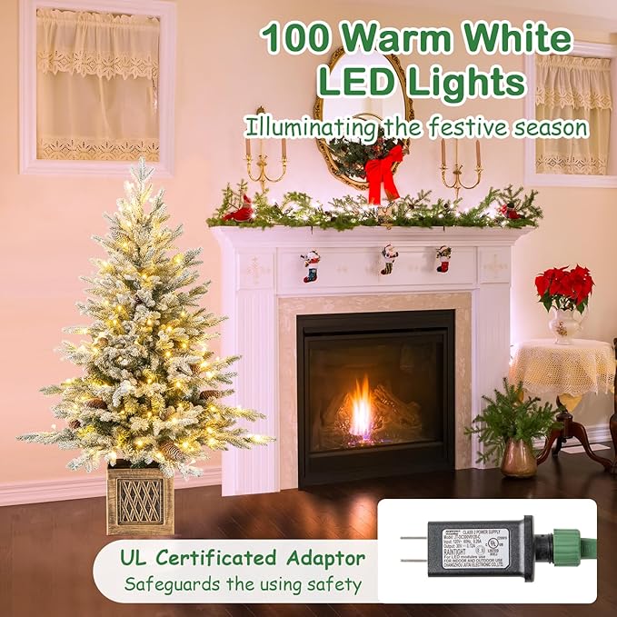 HAPPYGRILL 4 FT Pre-Lit Artificial Christmas Tree Flocked Xmas Tree with 231 PE PVC Branch Tips, 15 Natural Pine Cones, 100 Warm White LED Lights & Vintage Base, Decoration Tree for Party & Carnival