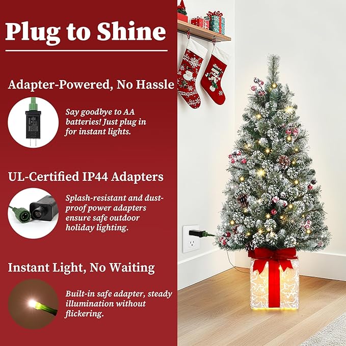 Brightever 4FT Christmas Tree with Warm White LED Lights, Pre-lit Artificial Small Xmas Tree with Gift Box Base & Ornaments, Plug in Outdoor Xmas Trees for Porch, Tabletop, Desk, Green, Easy to Setup