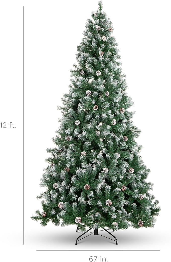 Best Choice Products 12ft Pre-Decorated Holiday Christmas Tree for Home, Office, Party w/4,188 Tips, Partially Flocked, Pinecones, Base – Green