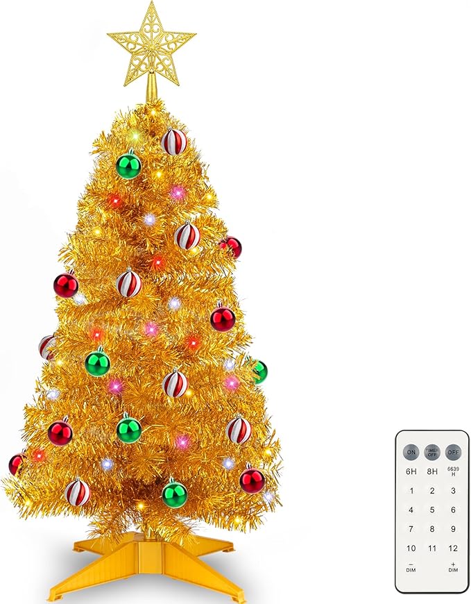 3 FT Small Artificial Christmas Tree with 50 Warm White & Multicolor Lights 15 Ball Ornaments Full Mini Xmas Tree for Tabletop Indoor Home Office Table Desk Holiday Decoration Gold