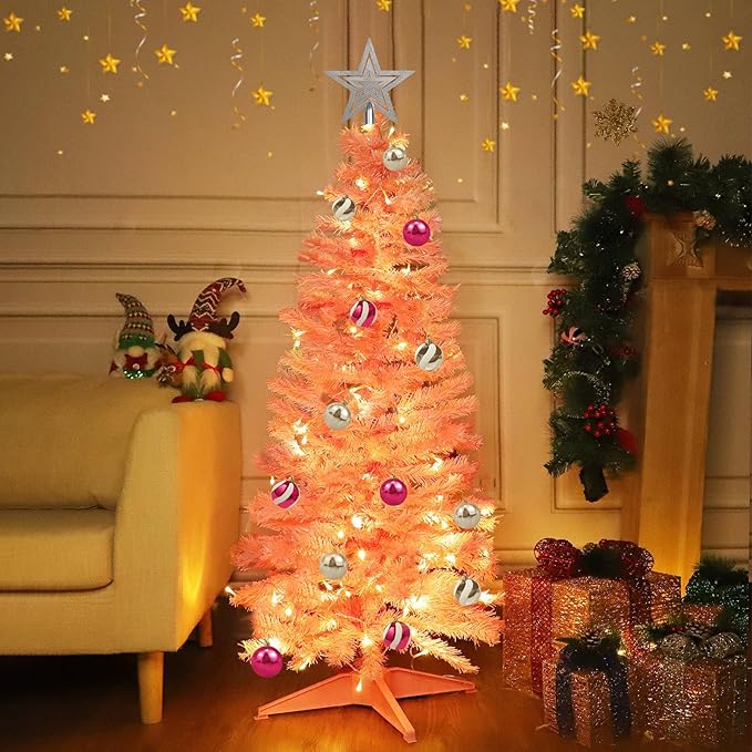 4 Ft Pink Christmas Tree with Timer Remote Control 8 Mode 100 Warm White Light 18 DIY Ball Ornaments 3D Star Battery Operated Small Xmas Tree Table Indoor Holiday Decor